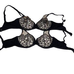 Simon Perele Womens Bra Size 32 D Black Java Sheer Plunge Lace Bundle of 2